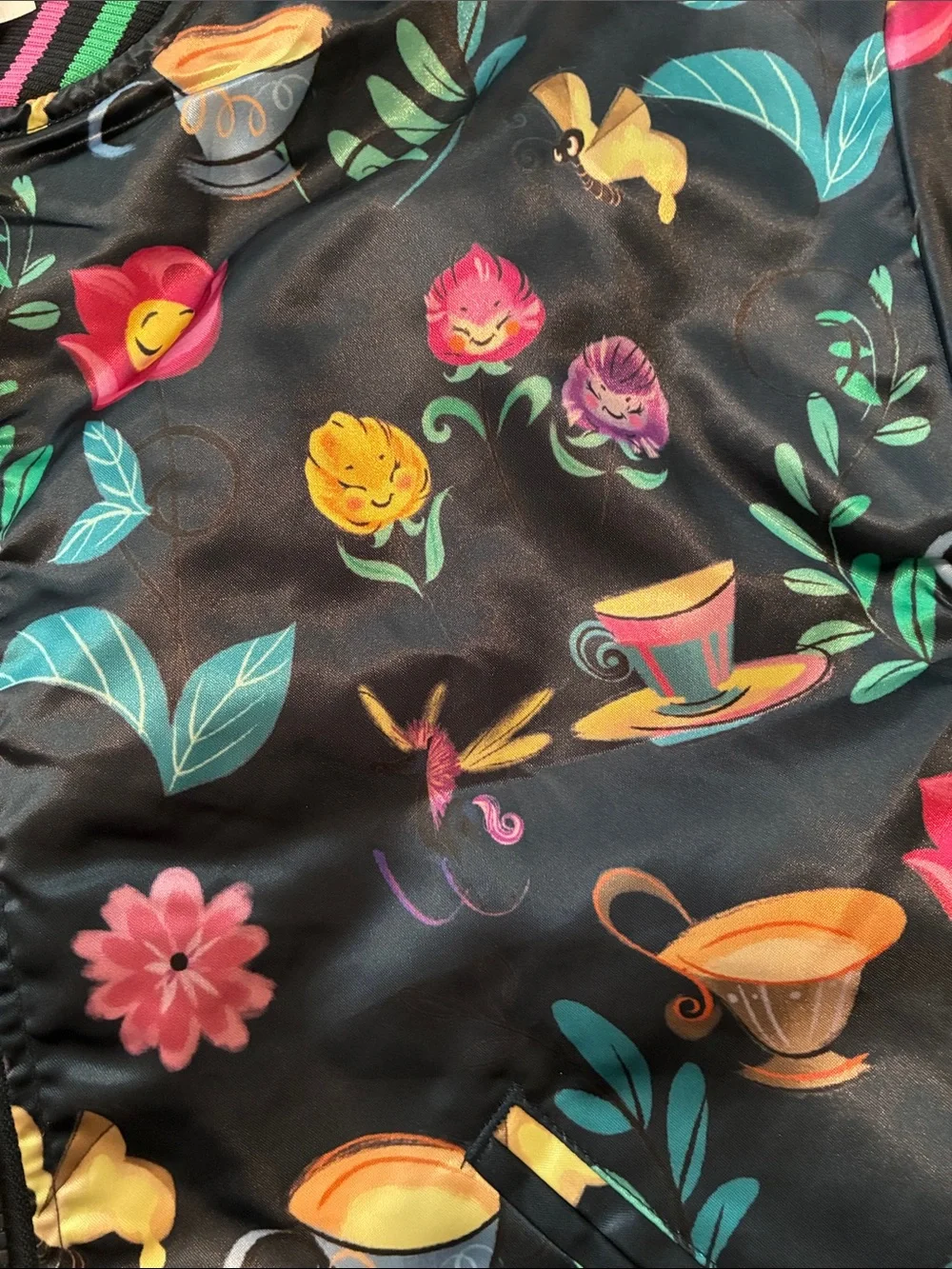 Disney Black Floral Teacup Bomber Jacket with Pink & Green Trim